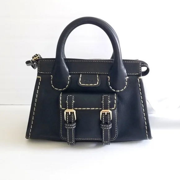 Chloe Edith Leather Crossbody Bag Black White Stitch - Picture 2 of 10